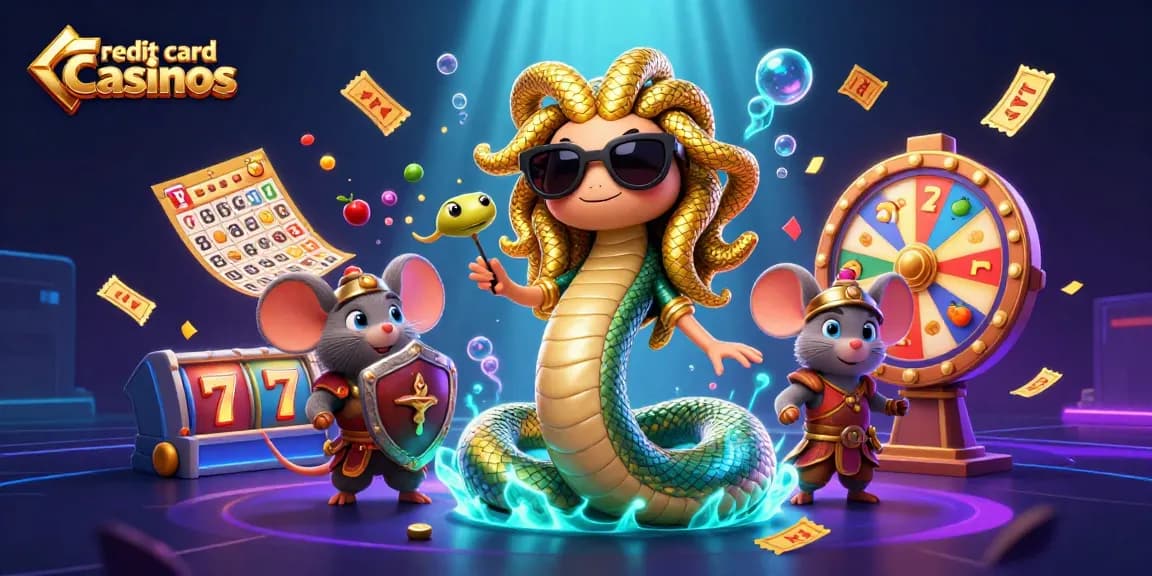 Experience the excitement of credit card casinos with gold-themed gaming illustrations featuring dynamic slots and characters.