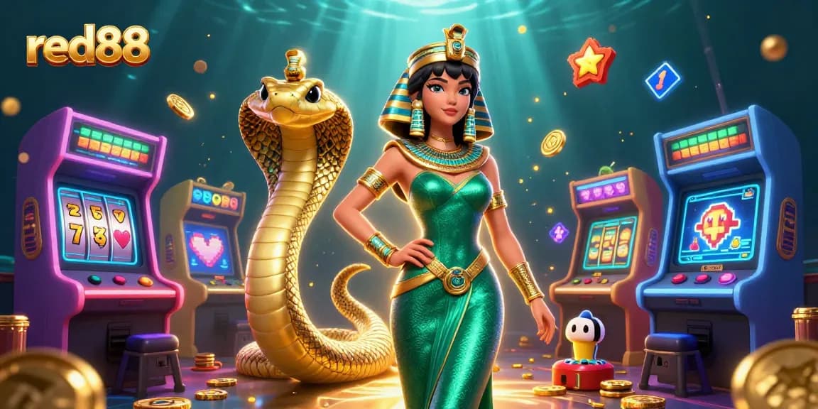 Experience exciting slots at red88 with a captivating scene of a 3D woman and golden cobra amidst vibrant casino elements.