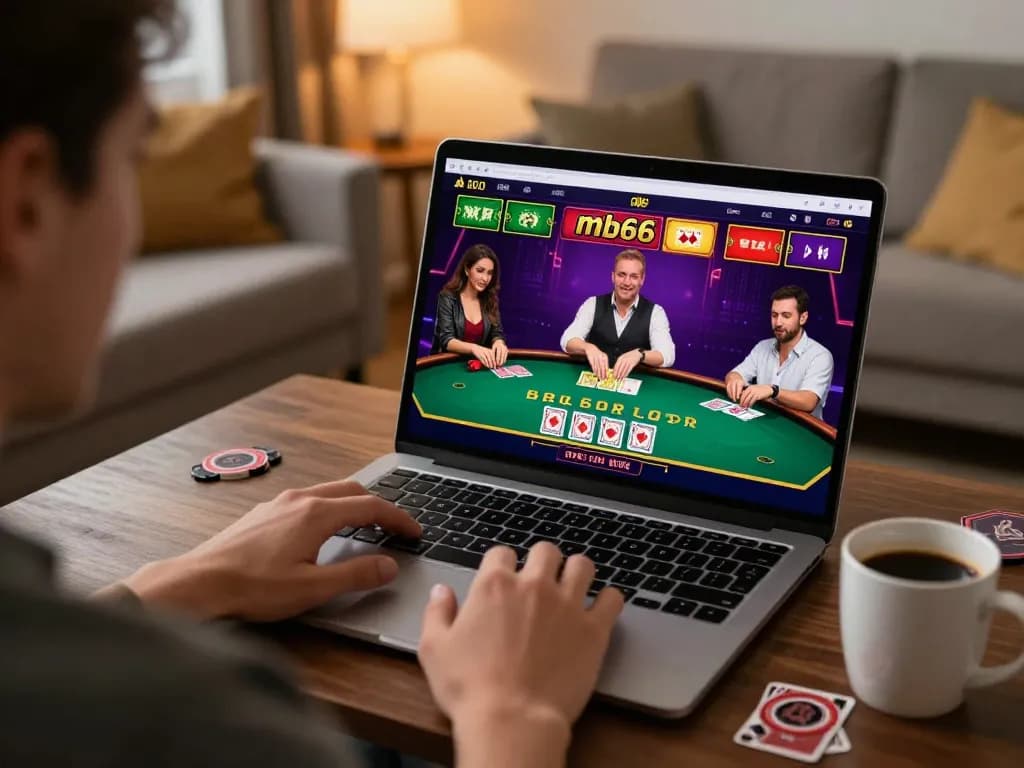 Player engaged with mb66 online blackjack game on a laptop, showcasing strategic gameplay moments.