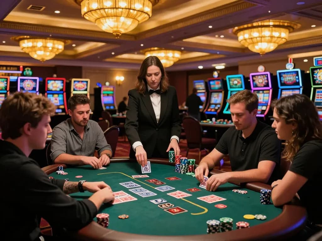 Experience strategic blackjack gameplay at hd88qq with players focused on their cards in an elegant casino.