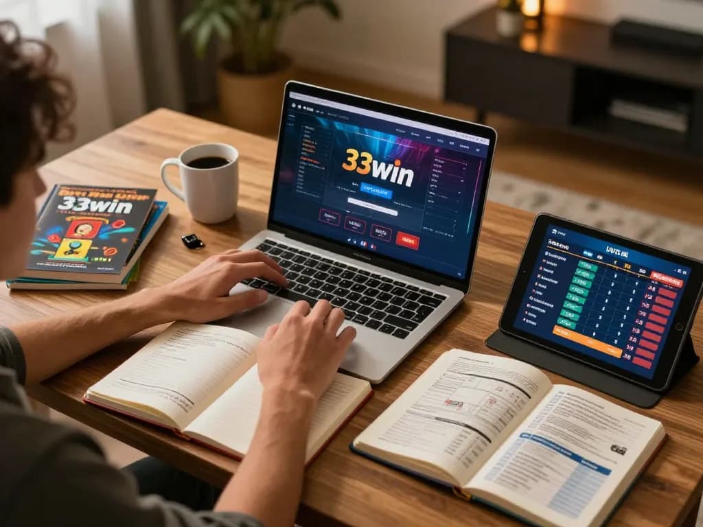 Engaging with 33win online casino platform from home, showcasing strategic gameplay and a cozy atmosphere.