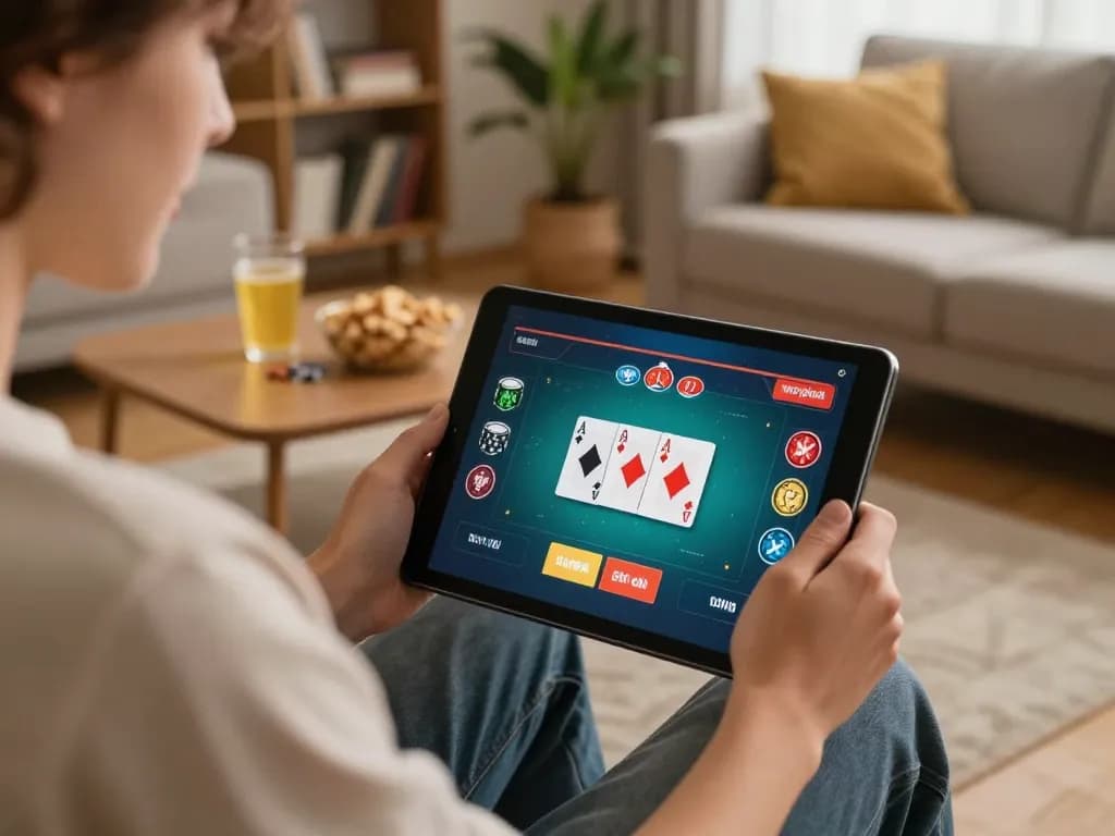 Player engaging in an online poker game on 33WIN tablet, cozy home setting with warm lighting.