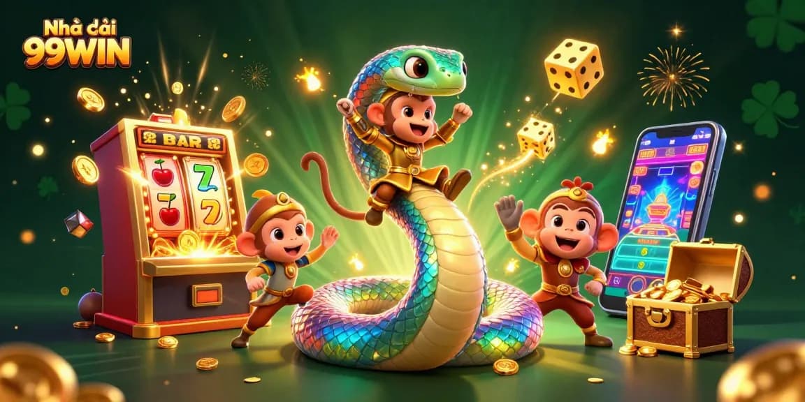 Unleash your fortune at Nhà cái 99WIN, featuring a vibrant 3D scene with games and exciting elements.