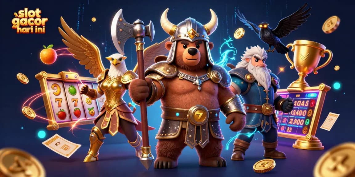 Experience the thrill of slot gacor hari ini with a vibrant Viking adventure illustration filled with action and excitement.