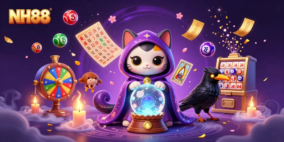 Experience the thrill of NH88 gaming with a vibrant 3D illustration of fortune teller cat, tarot raven, and lottery elements.