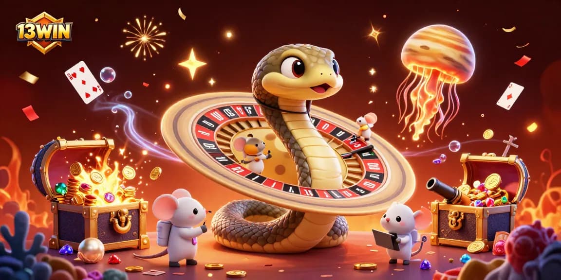 13WIN players engage with a unique cosmic casino scene featuring a Saturn ring snake and cosmic dealer.