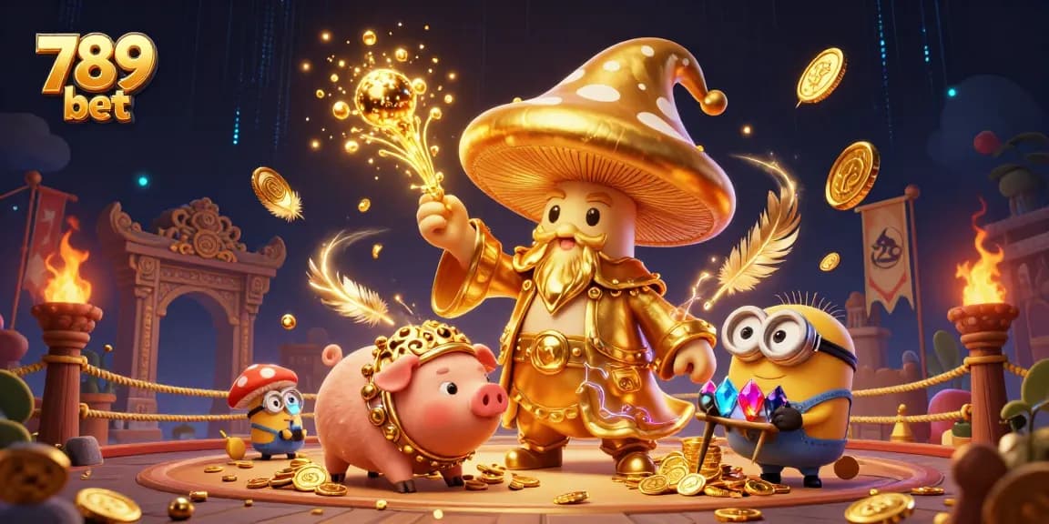 Experience thrilling slots and casino magic with 789 bet's vibrant illustration featuring a golden wizard.