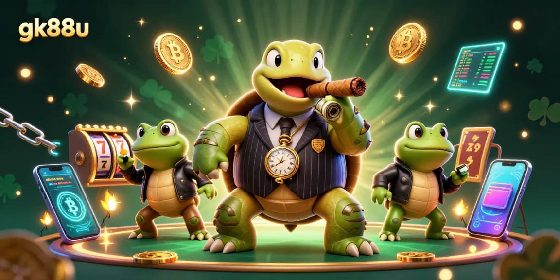 Engage with gk88u's vibrant casino action featuring a mobster turtle and frog enforcers amidst 3D game elements.