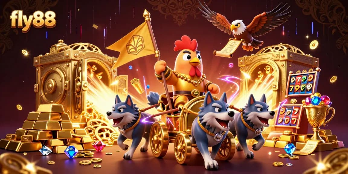 Experience the thrill of fly88 with a captivating 3D scene showcasing a rooster warlord and golden treasures.