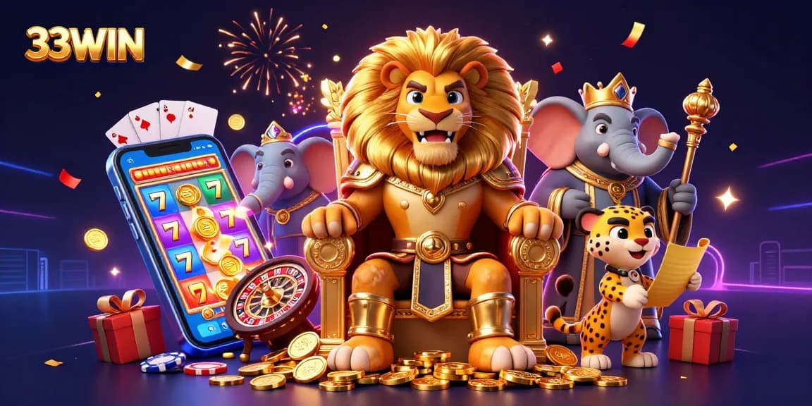 Engage with the 33WIN casino experience through a vibrant illustration of a lion king, elephant advisor, and cheetah messenger.
