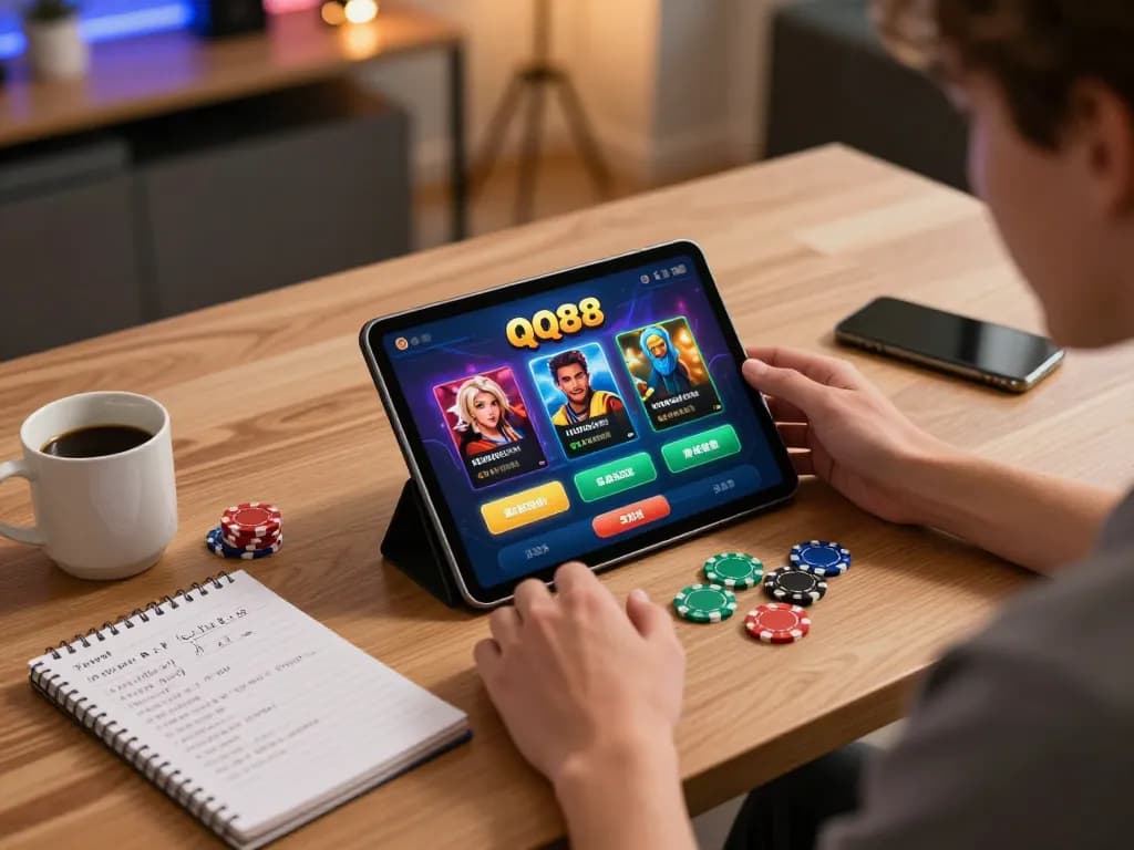 Person enjoying the QQ88 casino app on a tablet during a cozy gaming session at home.