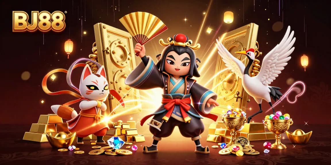 Win big at BJ88 with an energetic 3D illustration of dynamic casino elements and characters.