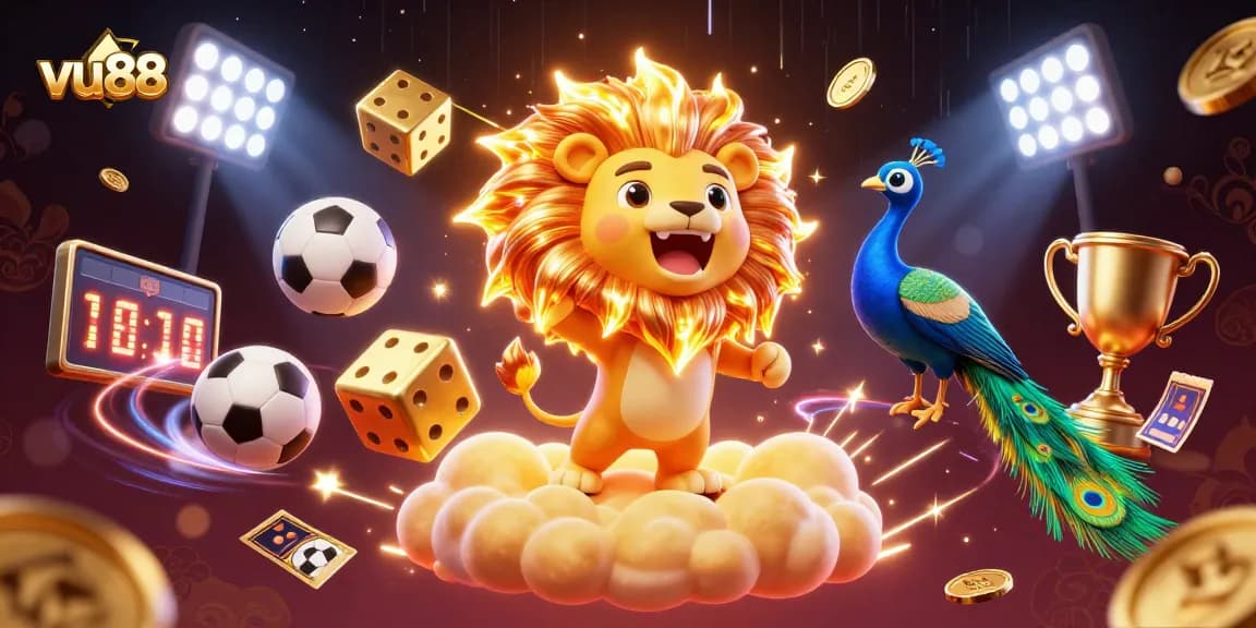 Experience thrilling gaming with vu88 as a 3D sun lion roars amidst dynamic sports elements.