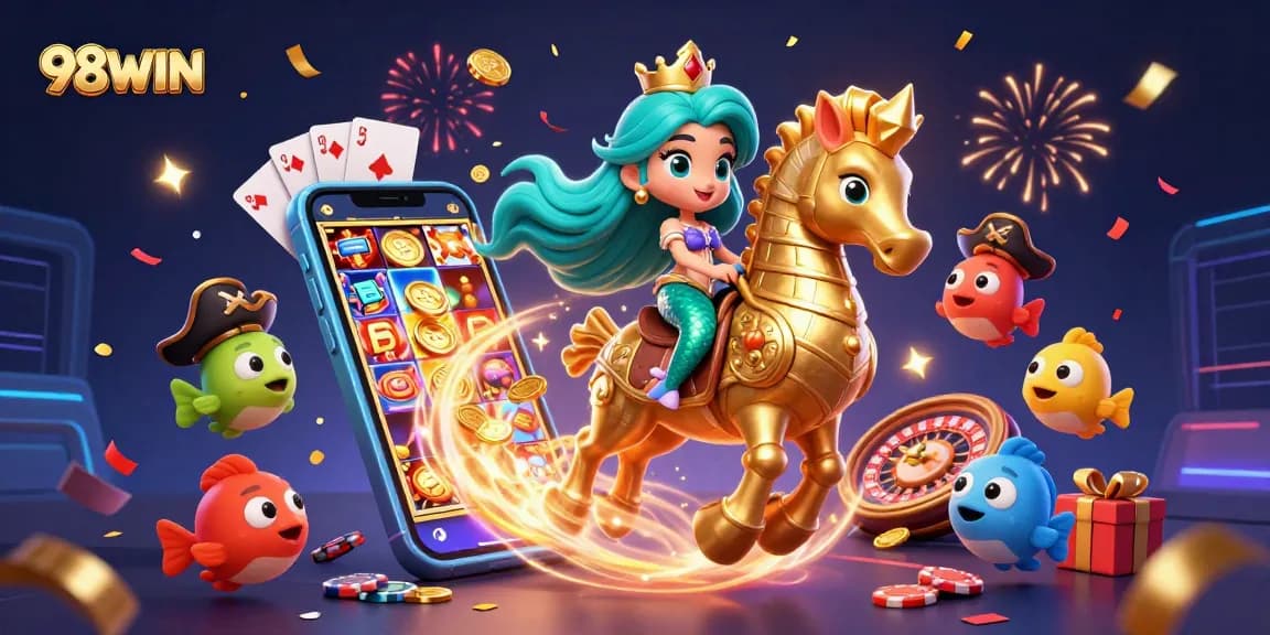 Engage with 98WIN's thrilling slot experience showcased through a vibrant 3D casino illustration.