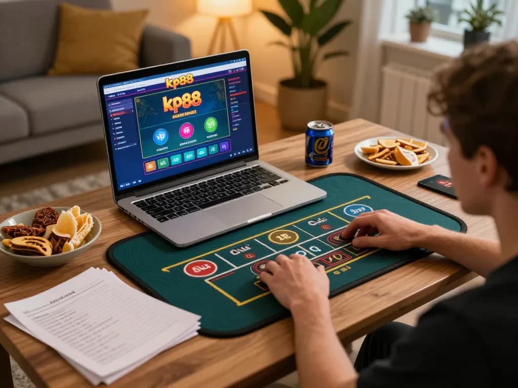 Engaging with kp88 online casino on laptop in a cozy home gaming setup