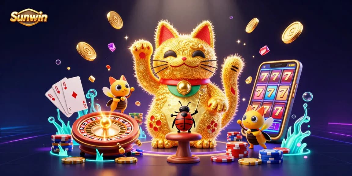 Experience the thrill of Sunwin with dynamic scenes of lucky symbols and shimmering casino treasures.