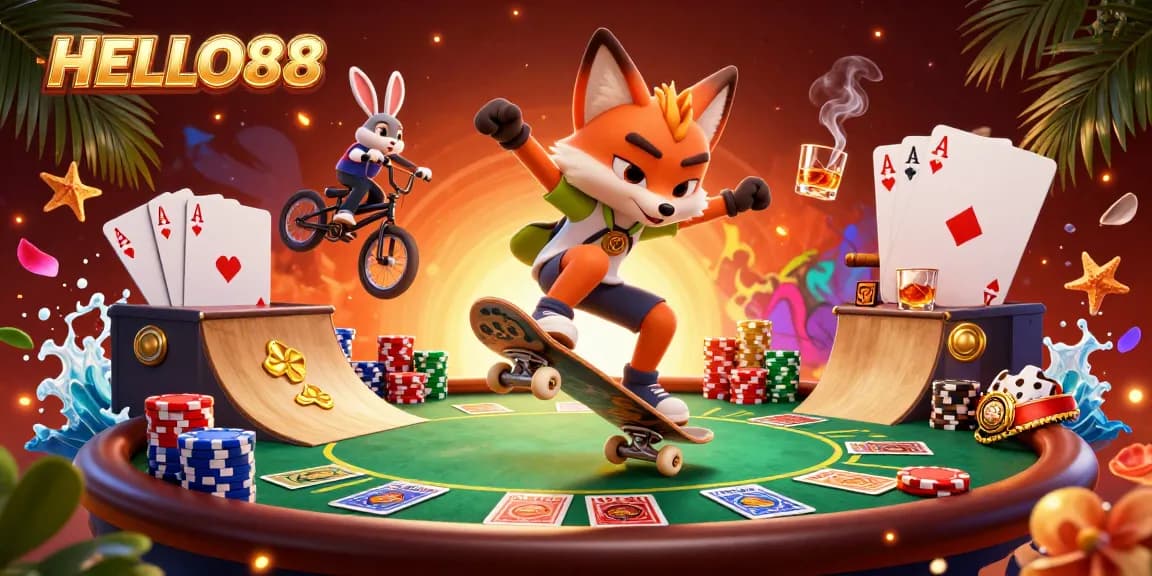 Experience fast-paced gaming action with HELLO88 in this vibrant, detailed casino scene.