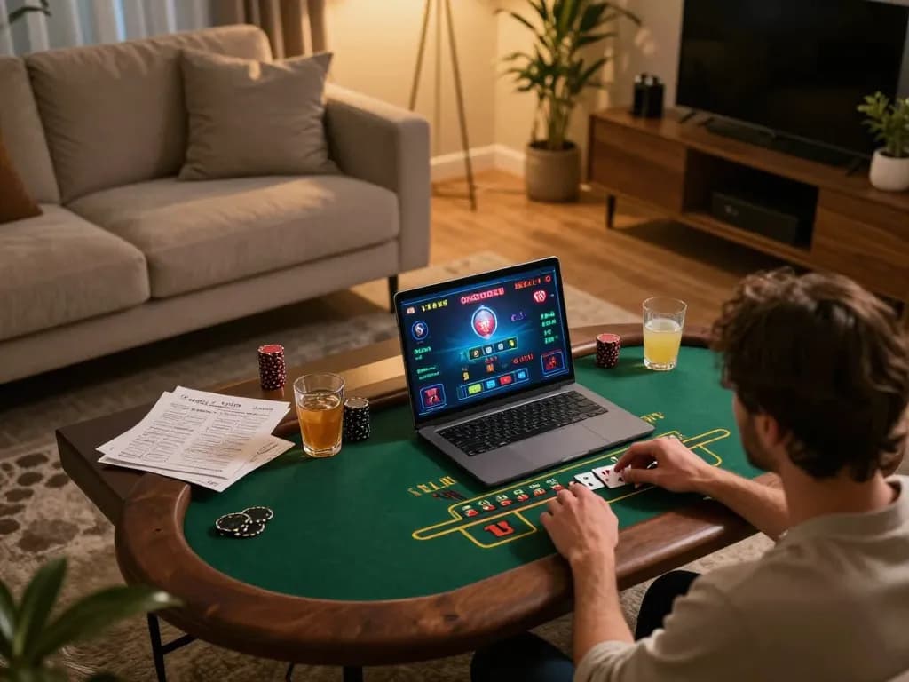 Player enjoying live dealer blackjack on their laptop with 555WIN gaming setup at home
