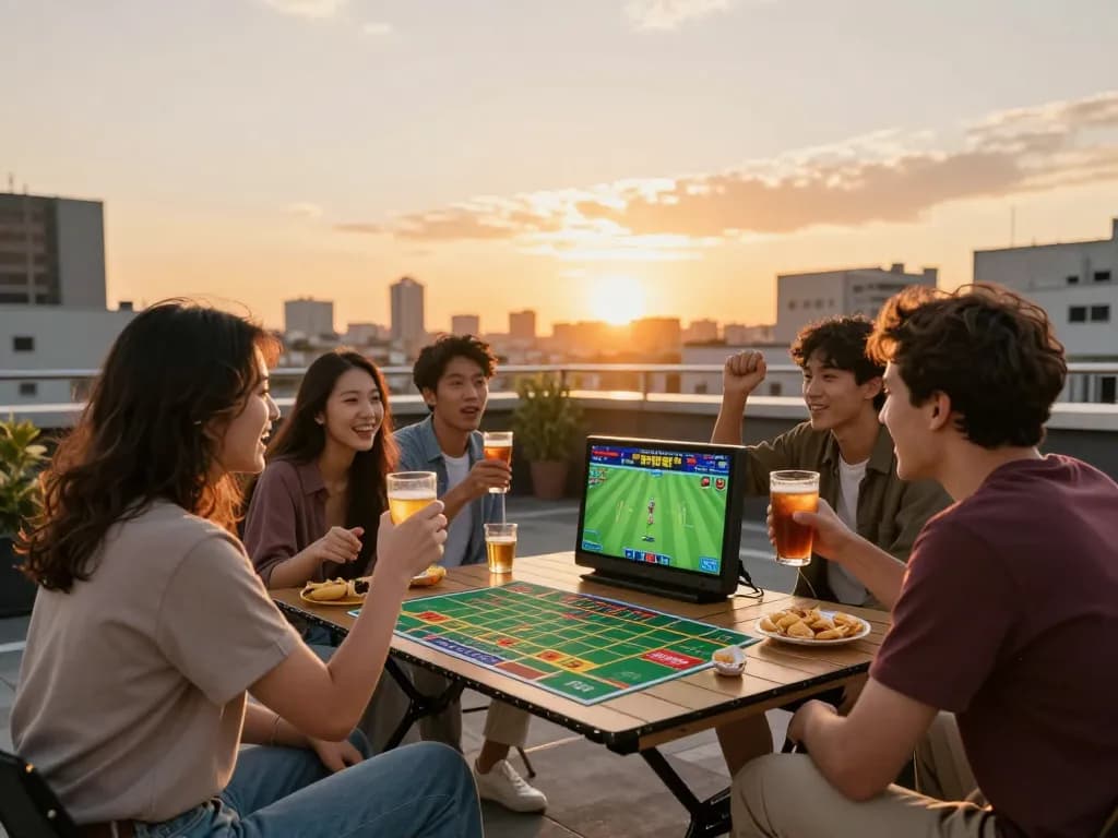 Friends enjoying sports betting with excitement in a vibrant urban rooftop setting, embodying fly88's gaming spirit.
