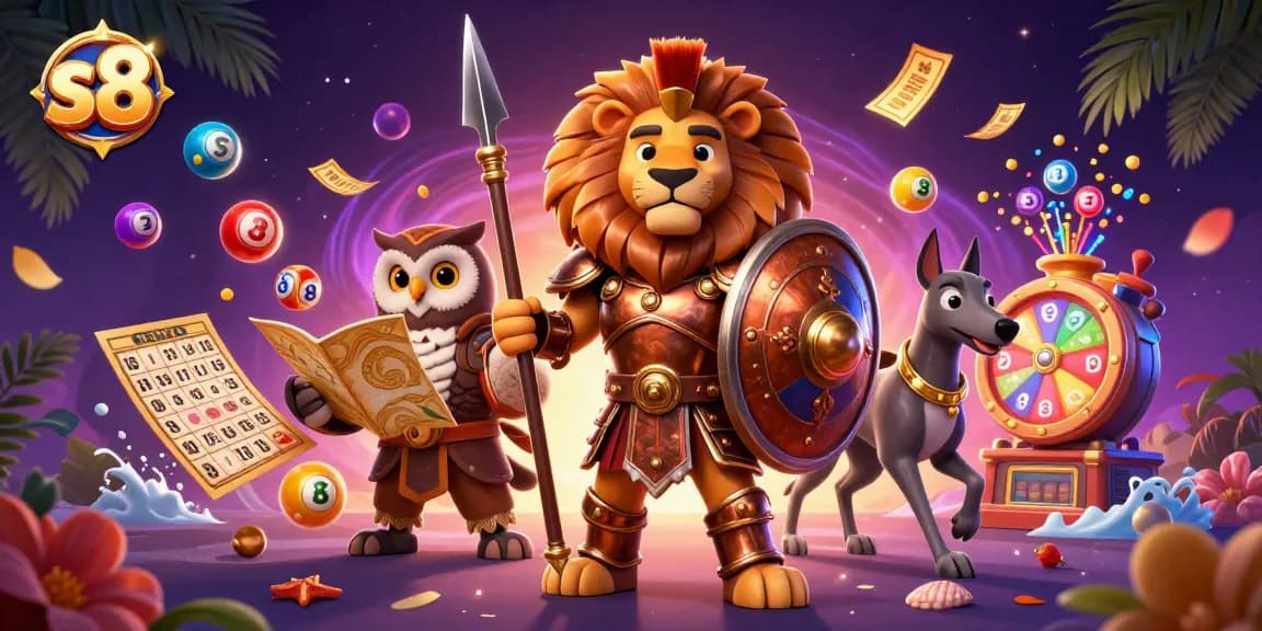Experience thrilling gaming action with S8's vibrant lottery scene featuring dynamic characters and iconic elements.