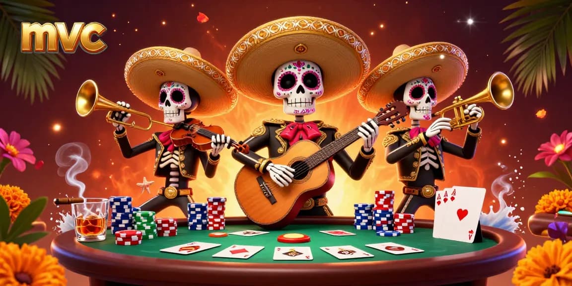 Engage with mvc as lively skeleton mariachi musicians play amidst vibrant poker elements.