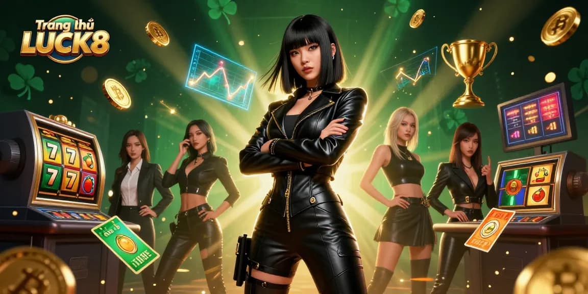 Engage with the vibrant world of Trang chủ LUCK8 featuring a powerful Asian woman surrounded by dynamic slot elements and Bitcoin coins.
