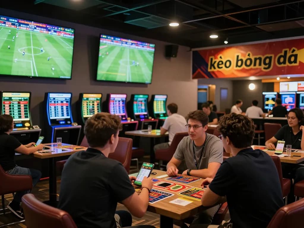 Excited bettors analyzing kèo bóng đá in a lively sports betting lounge with live screens and betting slips.