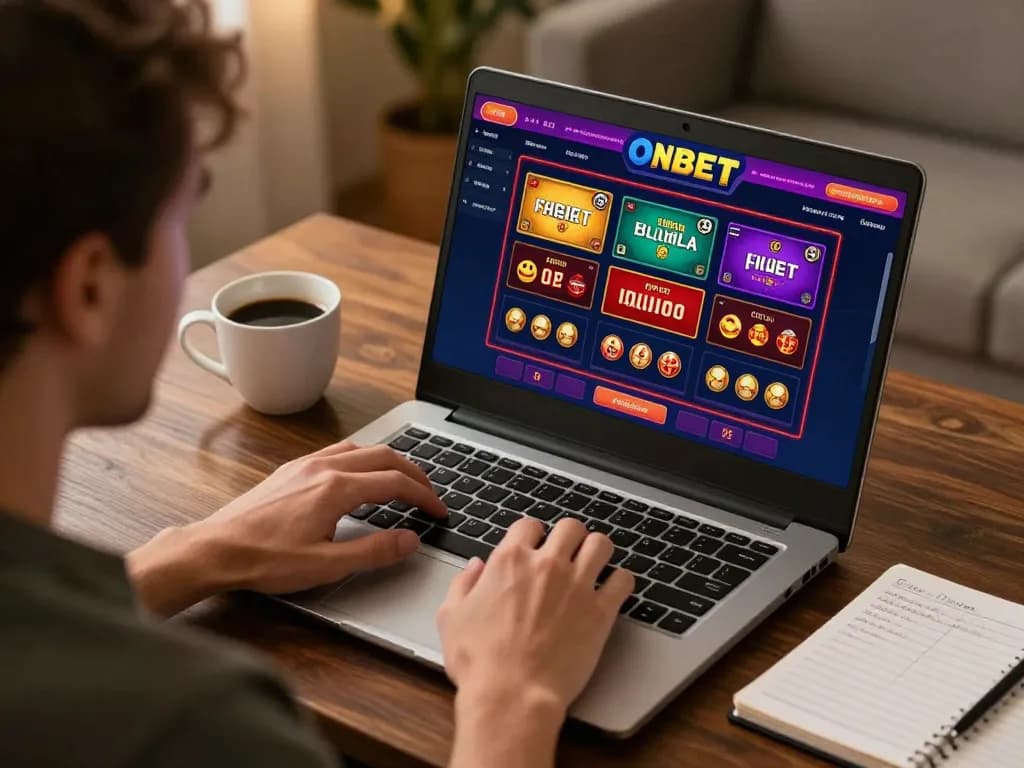 OnBet online casino gaming setup with a player focused on laptop gameplay, showcasing responsible gambling.