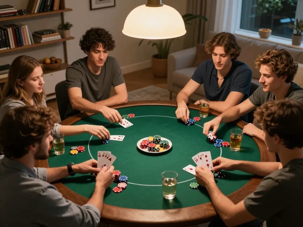 Friends enjoying a thrilling poker session at home while playing hi88.