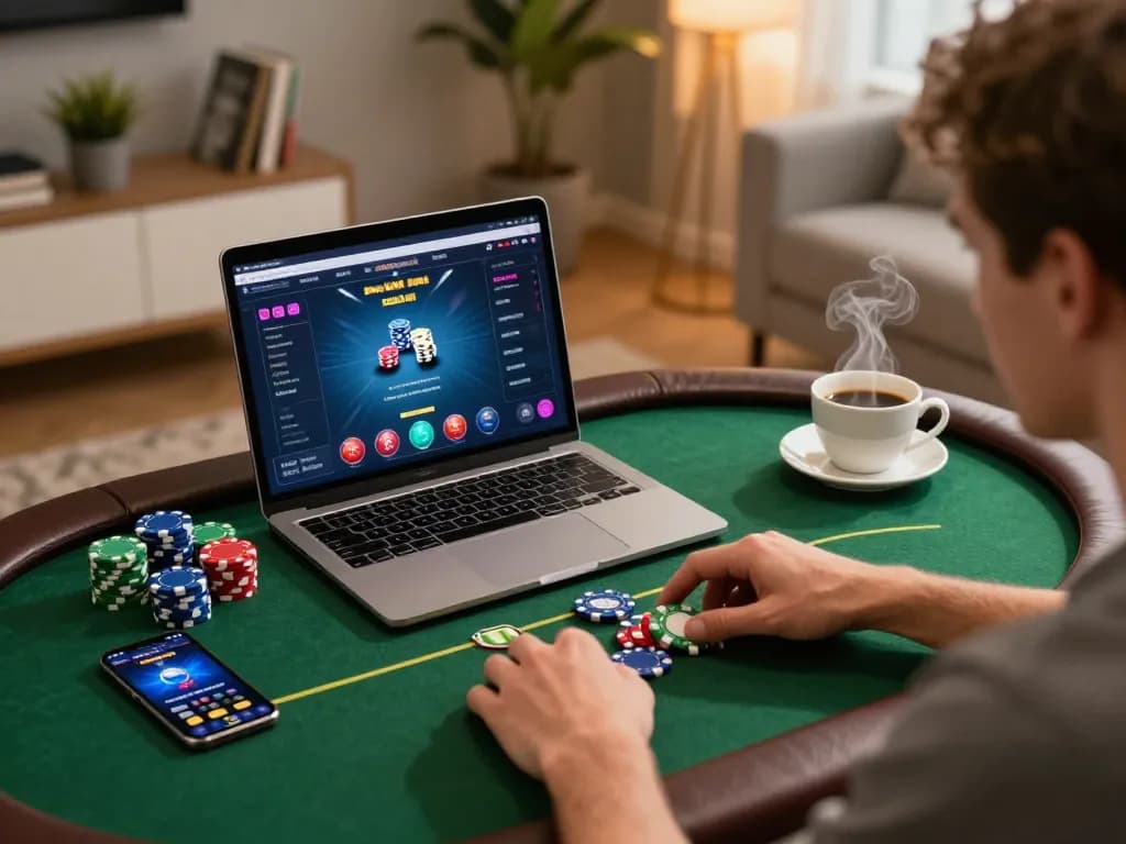 O8 player engaging in strategic online poker gameplay at home, featuring casino app notifications.