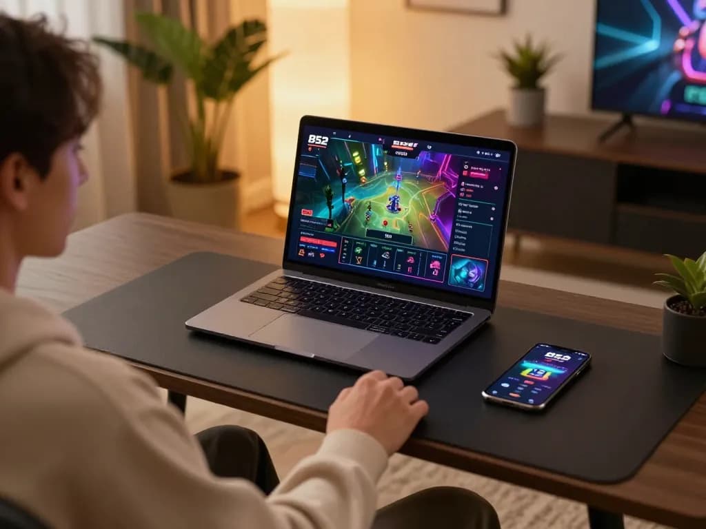 B52 club gaming interface displayed on laptop with a person enjoying online gambling.