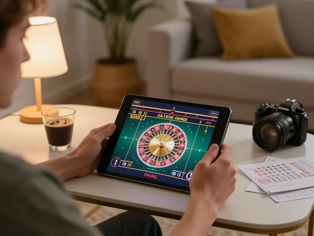 Player engaging in online roulette on hitclub363 tablet, surrounded by betting notes and a warm atmosphere.