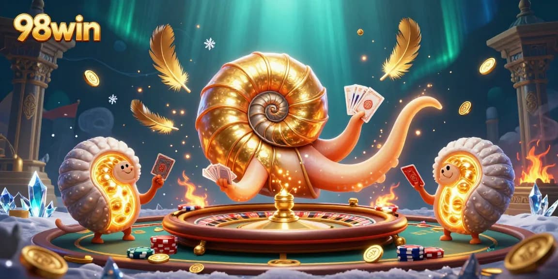Experience the thrill of 98win with an ancient nautilus as a roulette wheel surrounded by glowing ammonites.