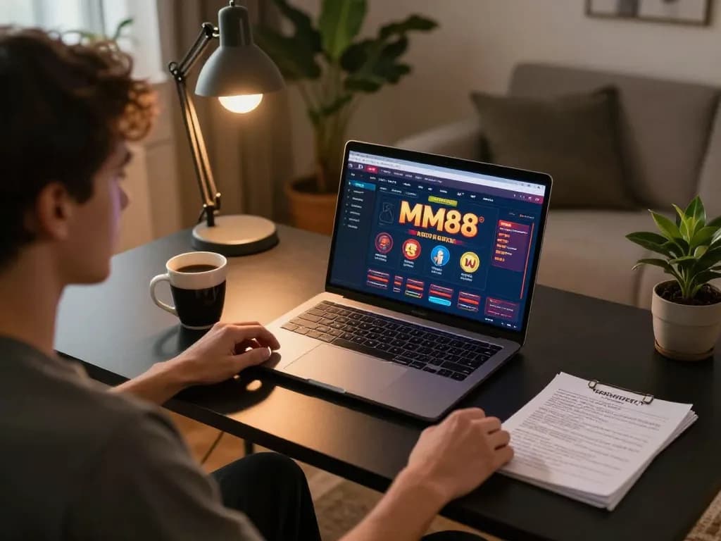 Engaged user playing MM88 casino games on laptop with strategic notes nearby, cozy home setting