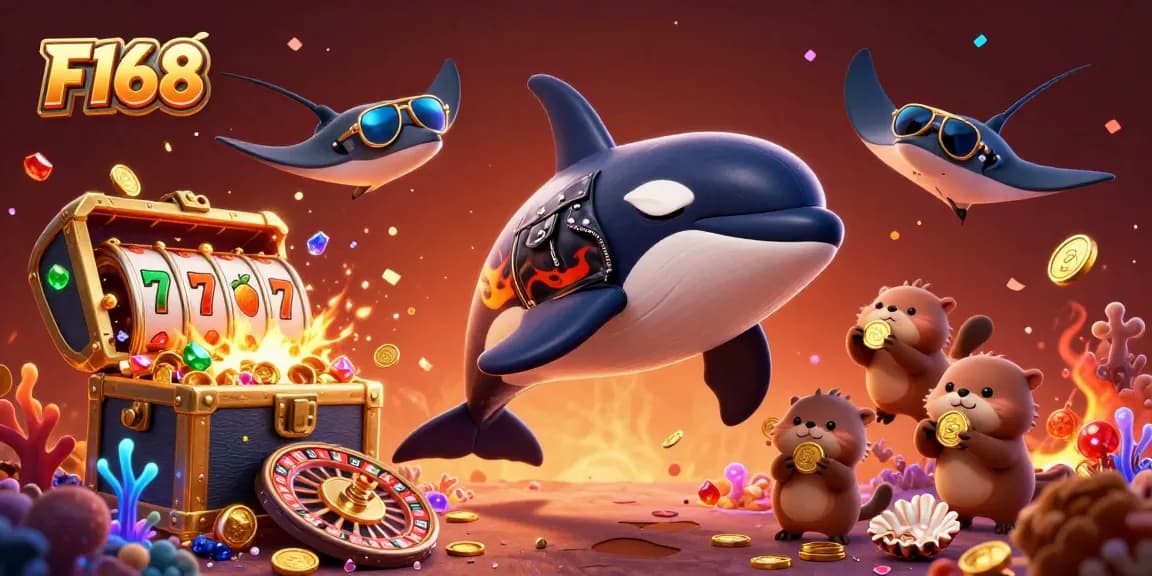 Engage with exciting games at F168, featuring 3D characters celebrating casino wins amid vibrant slot reels, confetti, and underwater treasures.