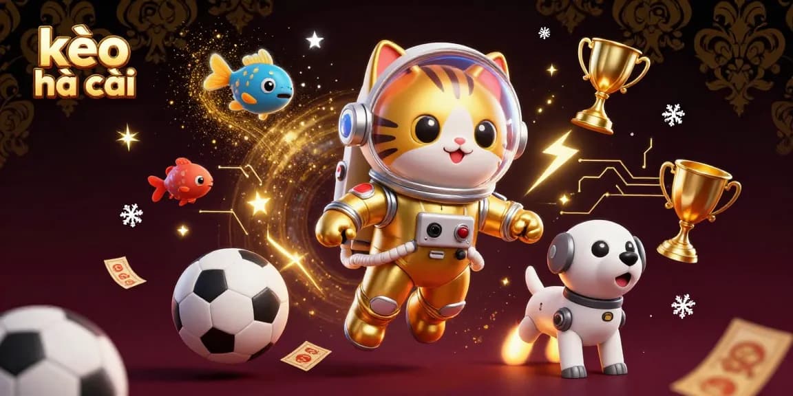 Bet on kèo nhà cái today in this dynamic gambling-themed digital illustration featuring an astronaut cat and a robot dog.