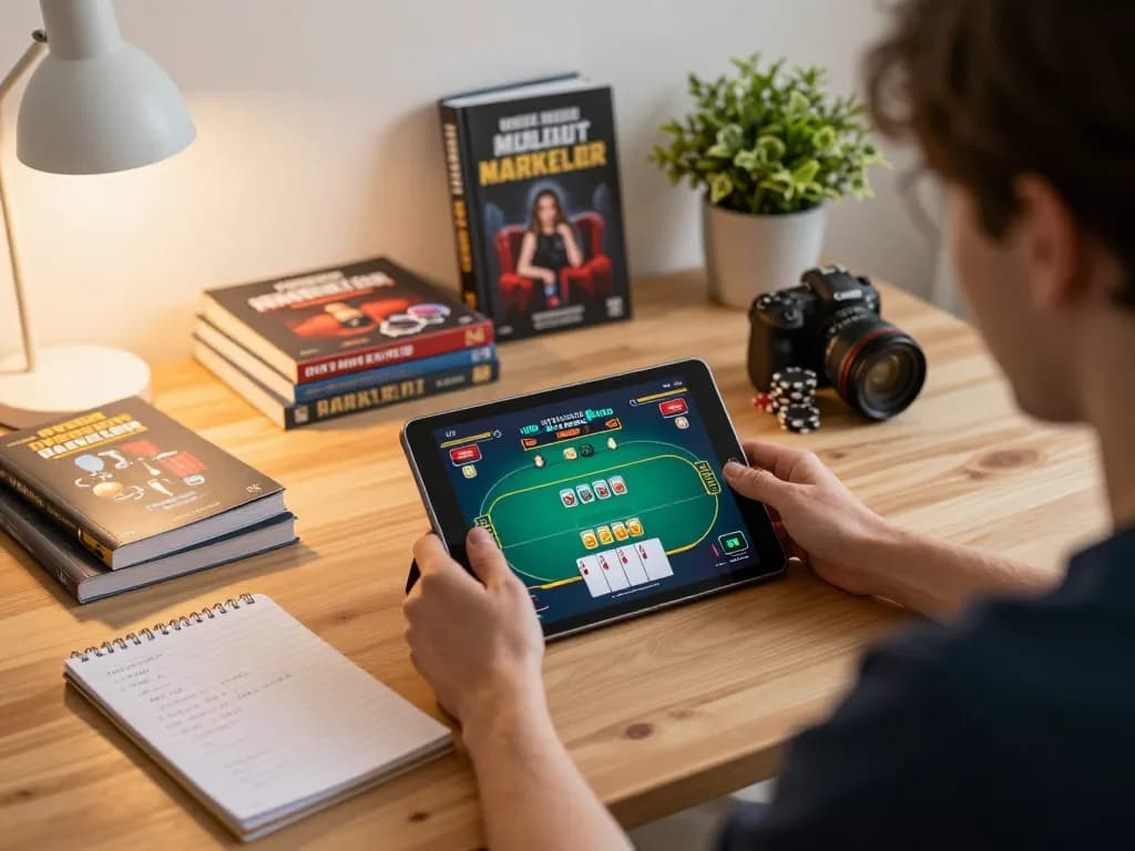 Engaging online poker play on vin88az during a cozy home session with strategy notes and tablet.