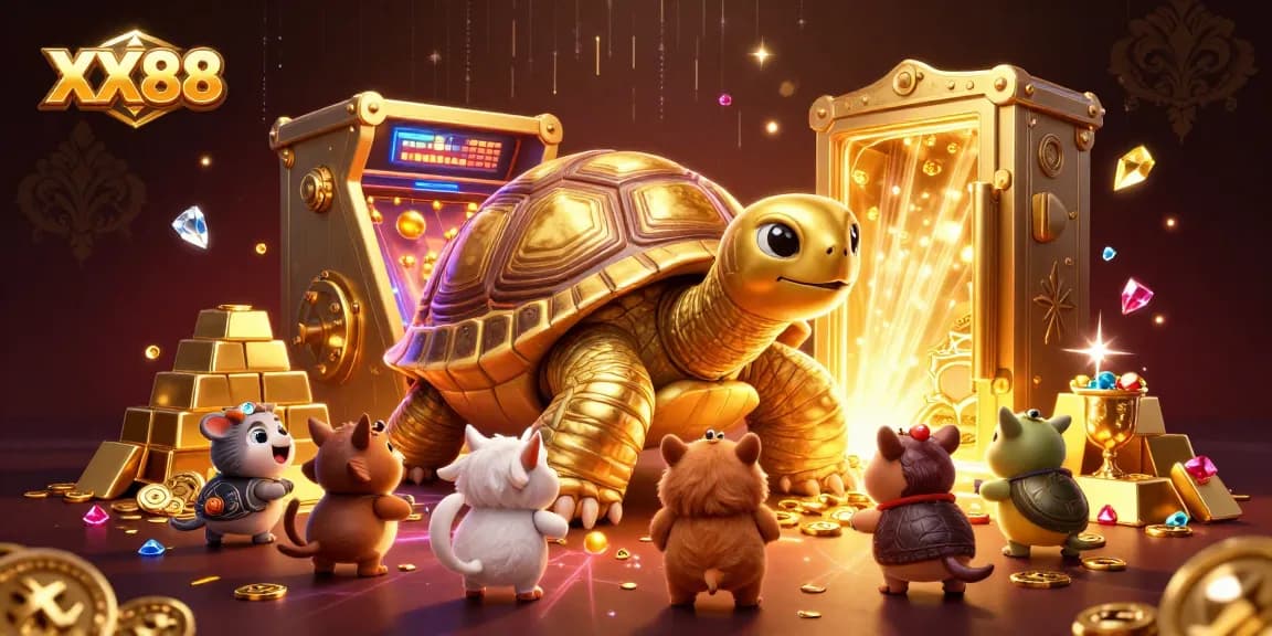 Experience the excitement of winning big at XX88 with our vibrant casino illustration of a golden tortoise pinball.