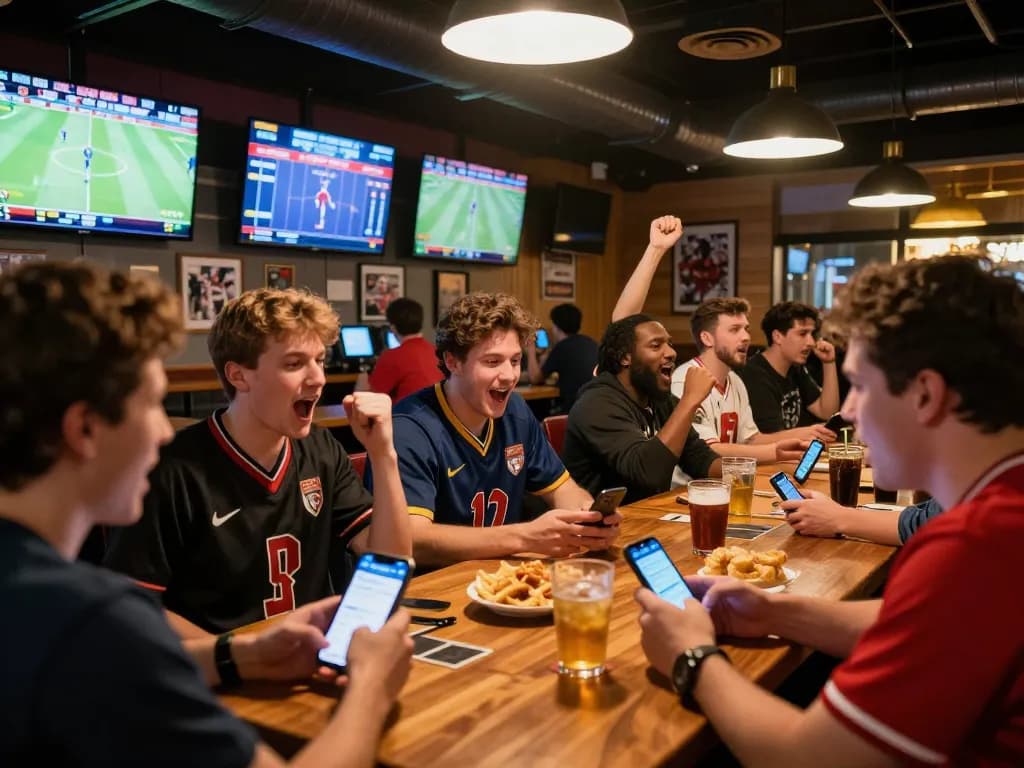 Excited bettors actively engaging in sports betting using apps at cm88 while cheering for their favorite teams in a lively bar setting.