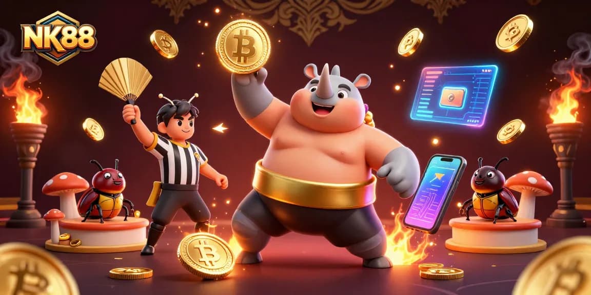 Experience the thrilling action of NK88 with a rhinoceros beetle champion surrounded by flying coins and crypto elements.