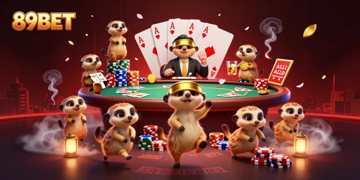 Engage with 89BET's lively casino scene featuring cartoon meerkats managing a bustling gaming floor.