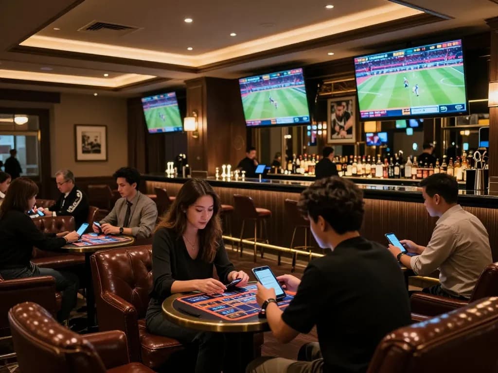 Engaged players betting on sports in a stylish lounge at gk88 sports betting venue.