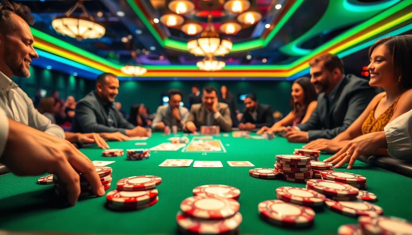Engage in the thrill of gaming at RR88 casino with vibrant poker chips and happy players.