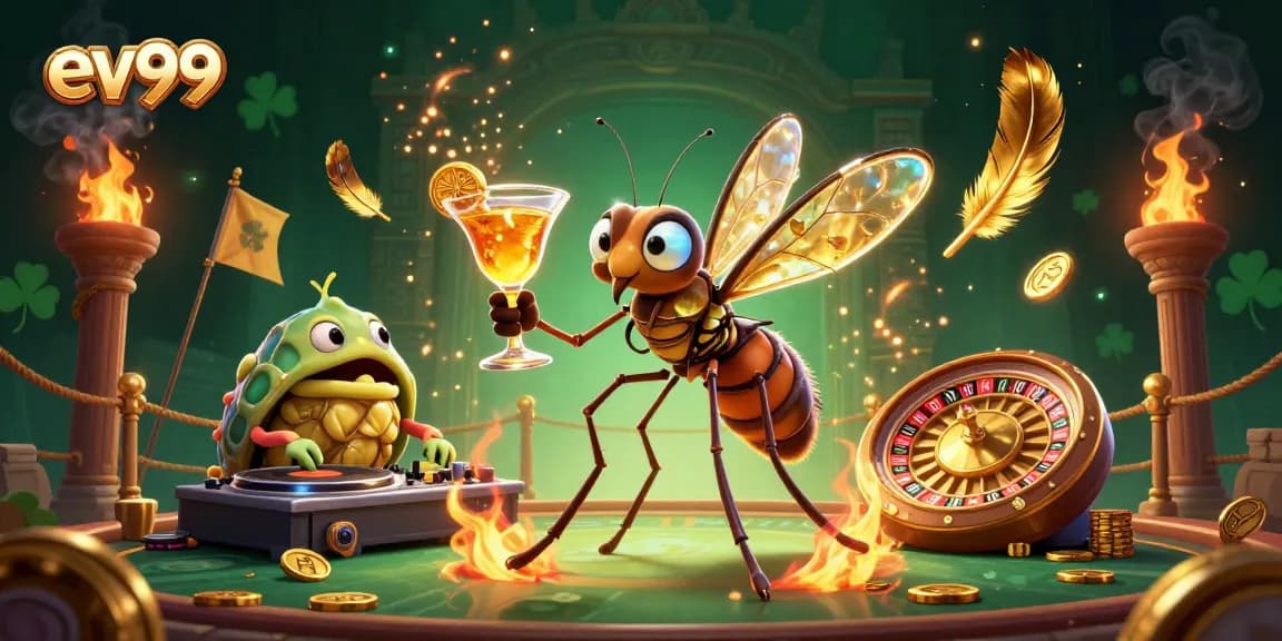 Experience excitement with ev99's dynamic casino scene featuring a mascot and DJ in action.
