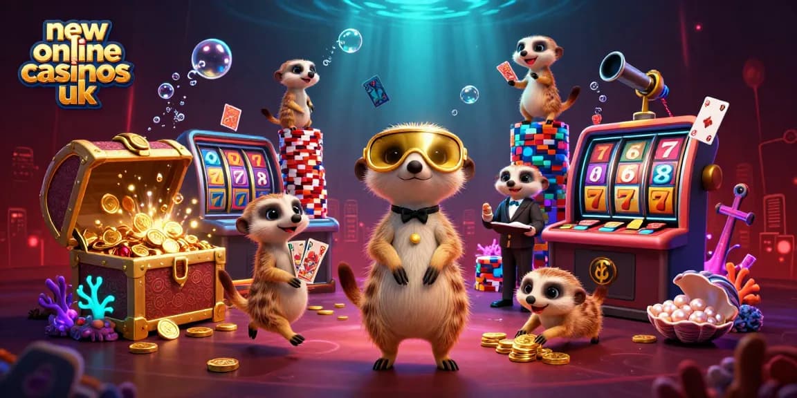 Experience the excitement of new online casinos UK with lively meerkat characters in a vibrant casino scene.
