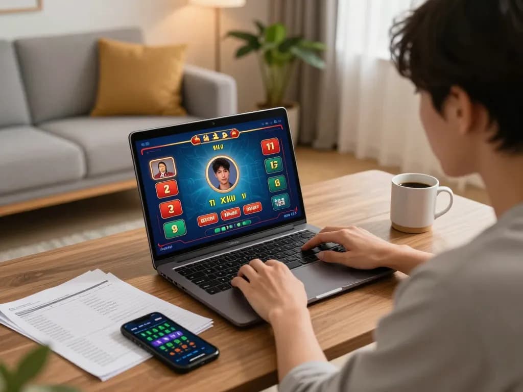 Playing game tài xỉu uy tín on a laptop with vibrant app interface and strategic notes in cozy home setup