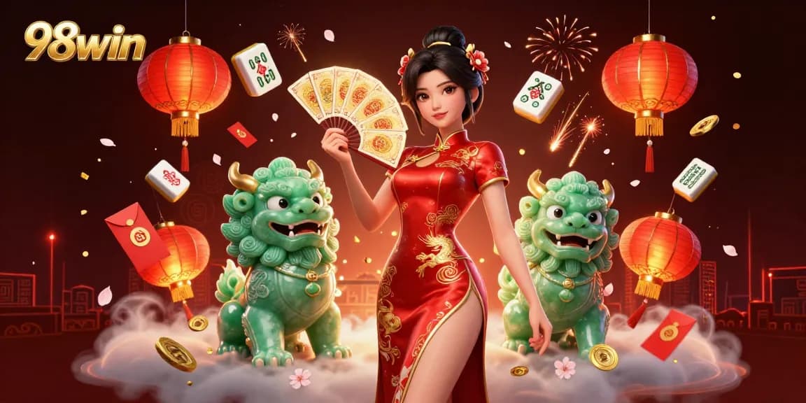 Experience the excitement of 98win with a stunning casino-themed illustration featuring vivid characters and game elements.