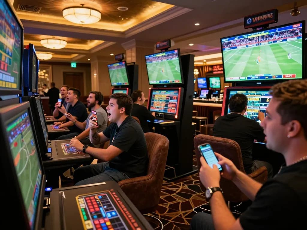 Excited bettors engaging with 23WIN sports betting at a modern casino, screens displaying live events.