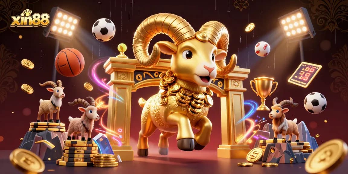 Win big with xin88 at this ultra-detailed casino illustration featuring a golden ram and dynamic sports elements.