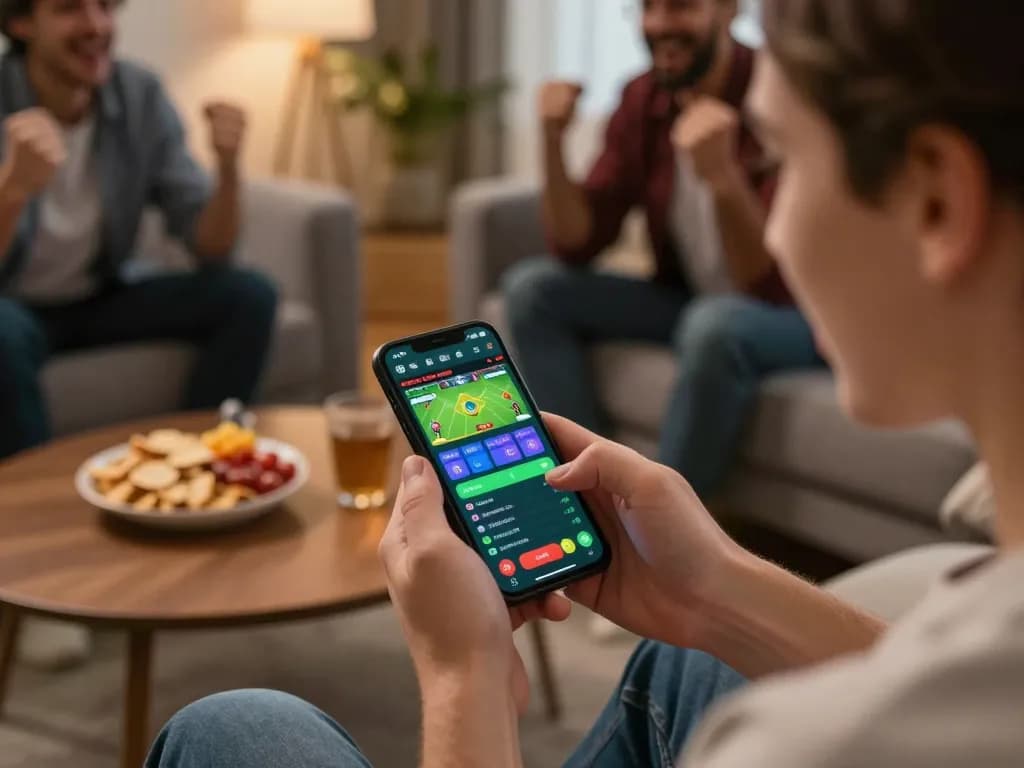 GO8 user actively placing bets on their smartphone in a vibrant home setting, enjoying a thrilling betting experience.